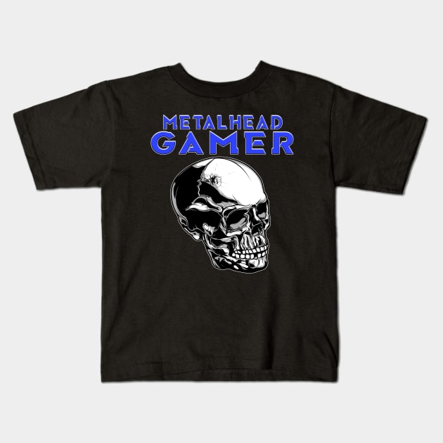 Metalhead Gamer Full Skull Blue Kids T-Shirt by Shawnsonart